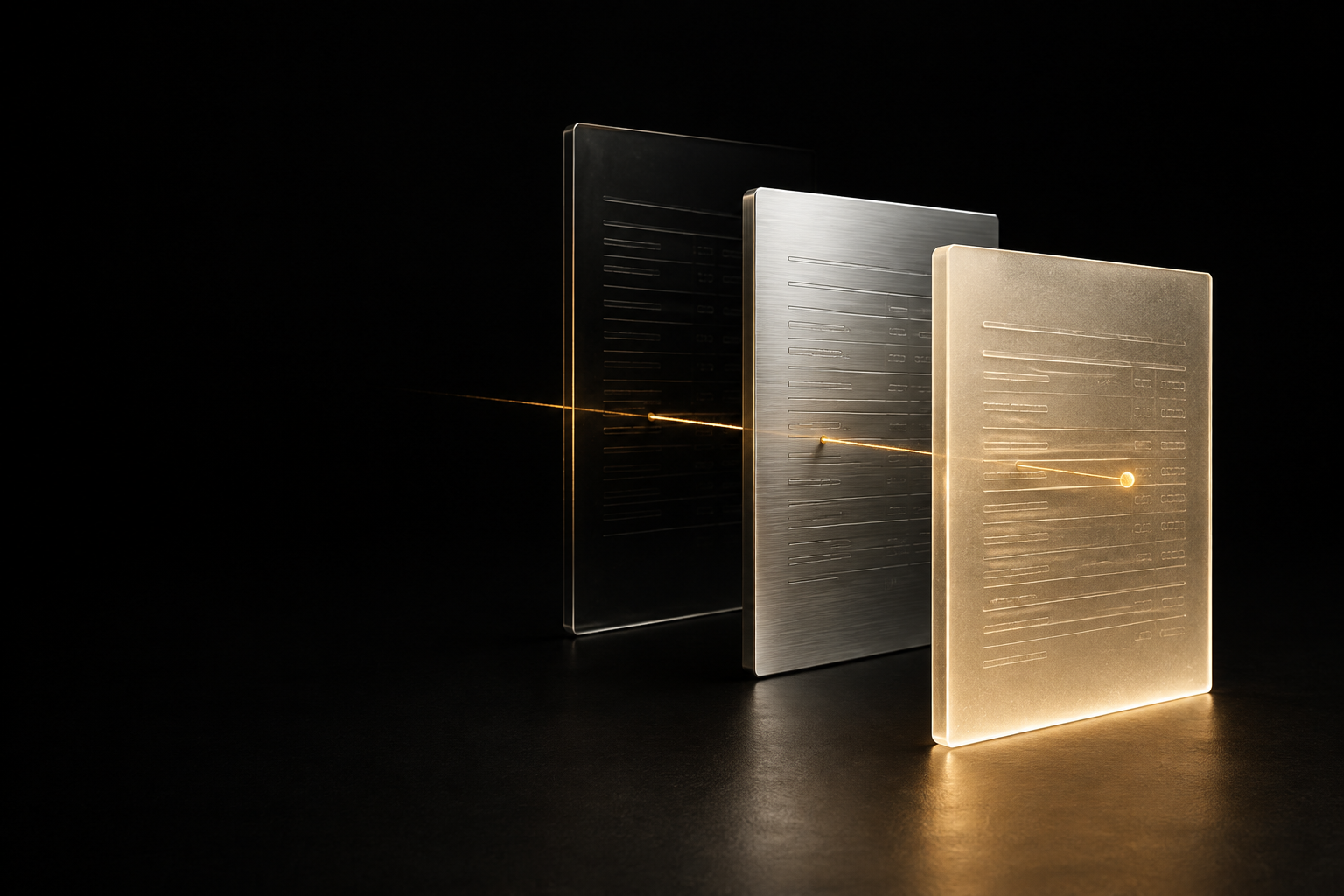 Bronze, silver and gold document plates connected by a single gold beam